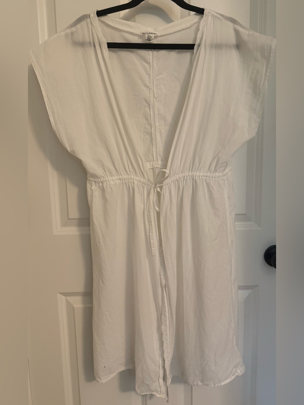 Artisanny White Boho Beach Cover Up Dress XL Deep Plunge Tie Waist Resort